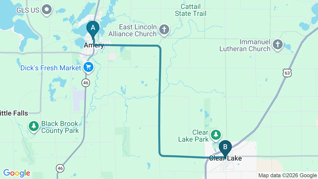 Driving directions map from Amery, WI to Northern Roots Family Spinal Care in Clear Lake