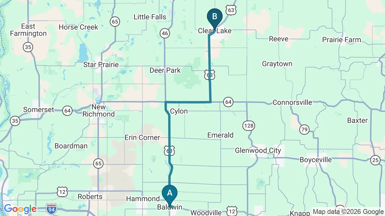 Driving directions map from Baldwin, WI to Northern Roots Family Spinal Care in Clear Lake