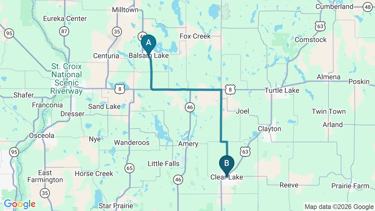 Driving directions map from Balsam Lake, WI to Northern Roots Family Spinal Care in Clear Lake