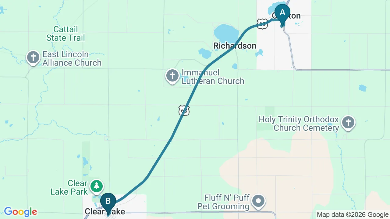 Driving directions map from Clayton, WI to Northern Roots Family Spinal Care in Clear Lake