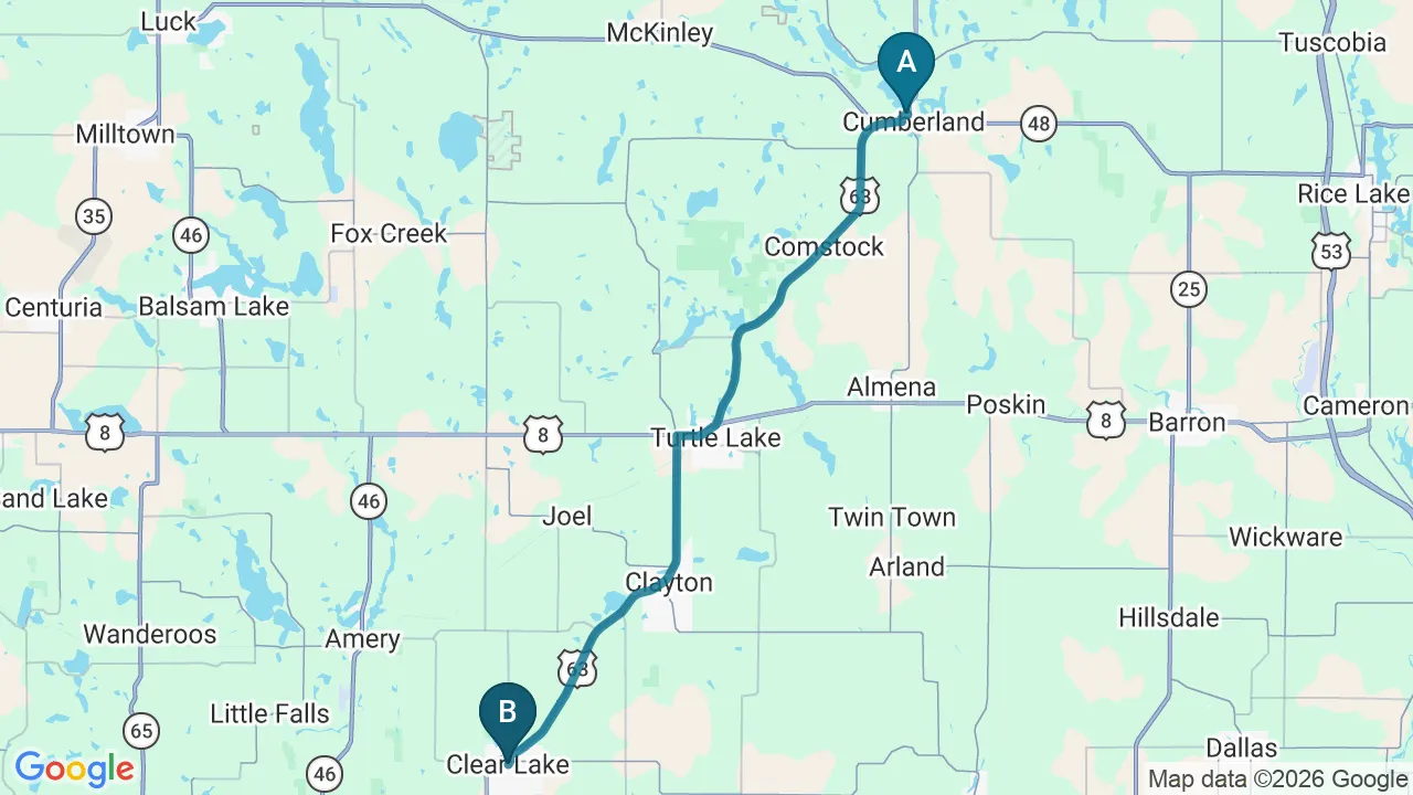 Driving directions map from Cumberland, WI to Northern Roots Family Spinal Care in Clear Lake