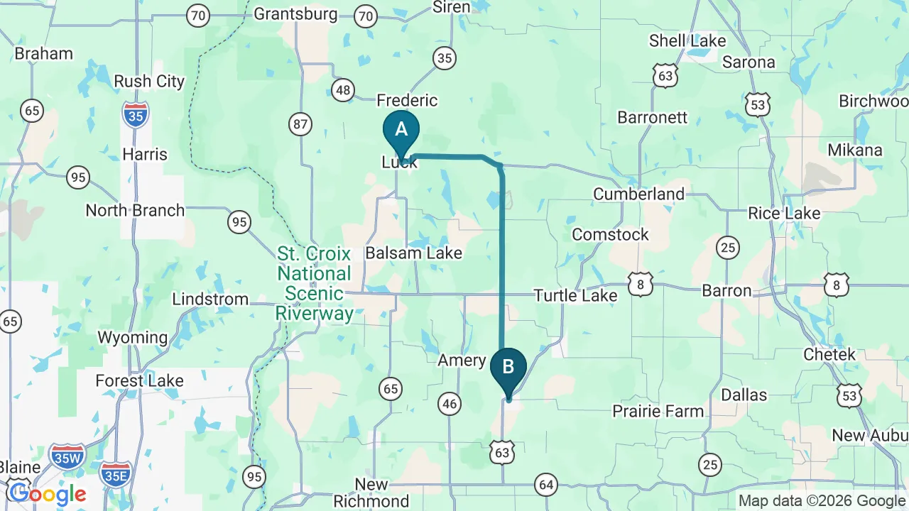 Driving directions map from Luck, WI to Northern Roots Family Spinal Care in Clear Lake