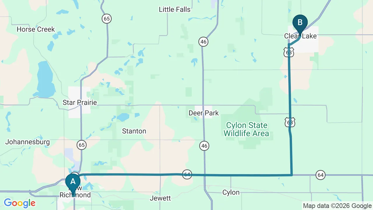 Driving directions map from New Richmond, WI to Northern Roots Family Spinal Care in Clear Lake