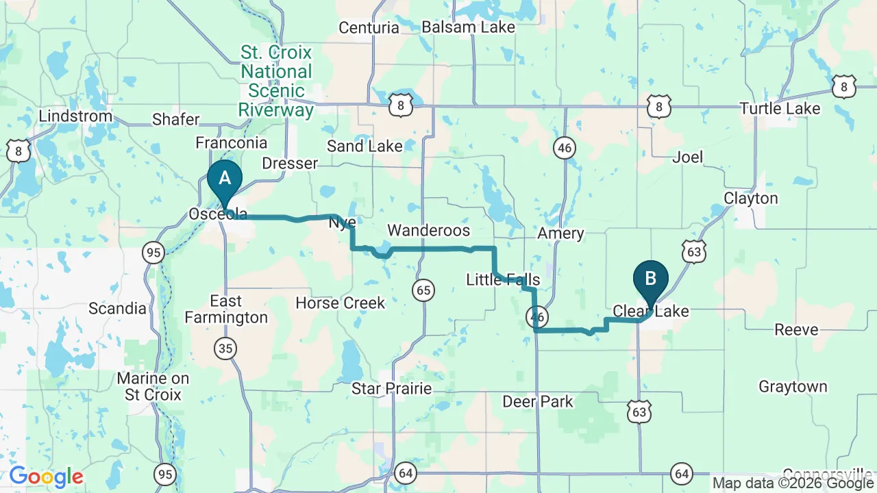 Driving directions map from Osceola, WI to Northern Roots Family Spinal Care in Clear Lake
