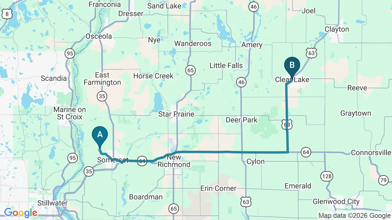 Driving directions map from Somerset, WI to Northern Roots Family Spinal Care in Clear Lake