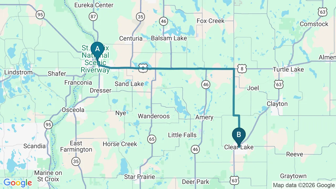 Driving directions map from St. Croix Falls, WI to Northern Roots Family Spinal Care in Clear Lake