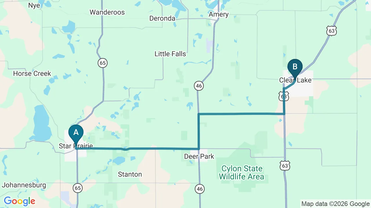 Driving directions map from Star Prairie, WI to Northern Roots Family Spinal Care in Clear Lake