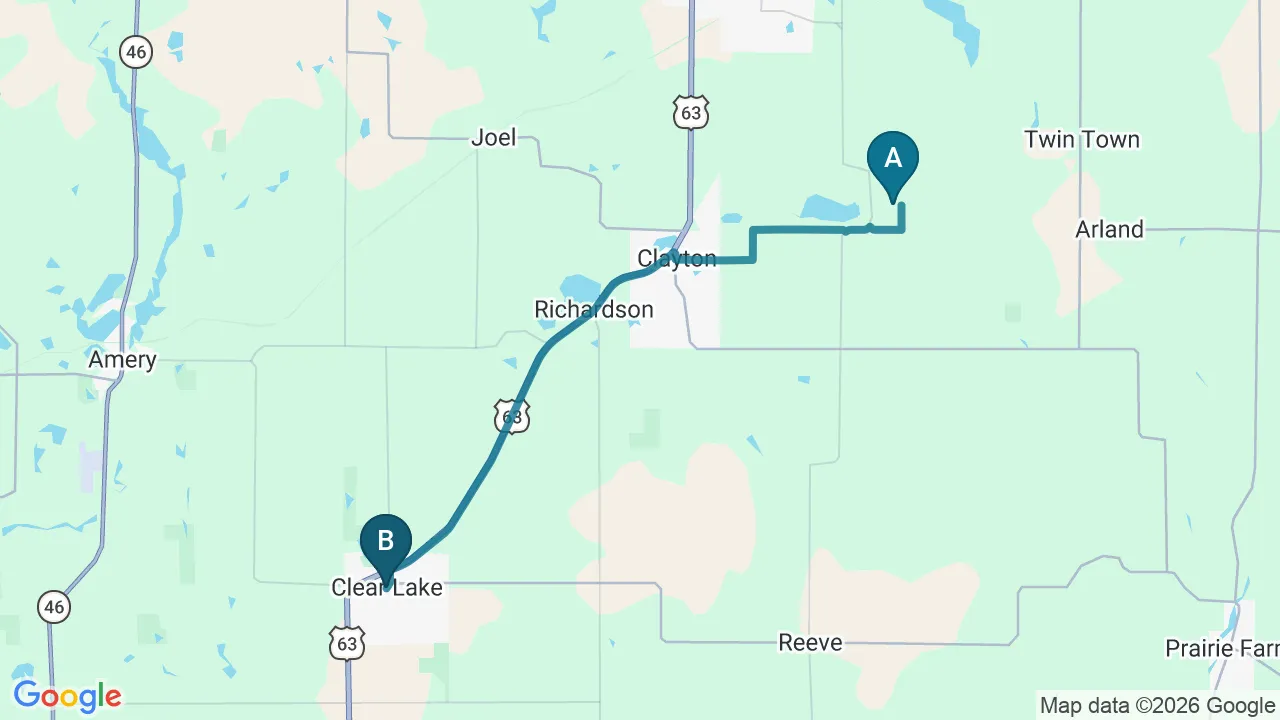 Driving directions map from Turtle Lake, WI to Northern Roots Family Spinal Care in Clear Lake